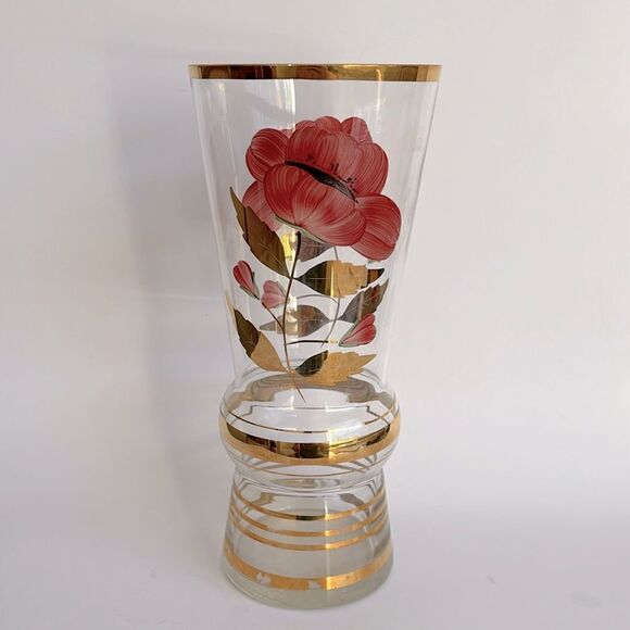 Large Vintage Clear Glass Vase Painted Flowers Gold Bands and Rim - Picture 1 of 9